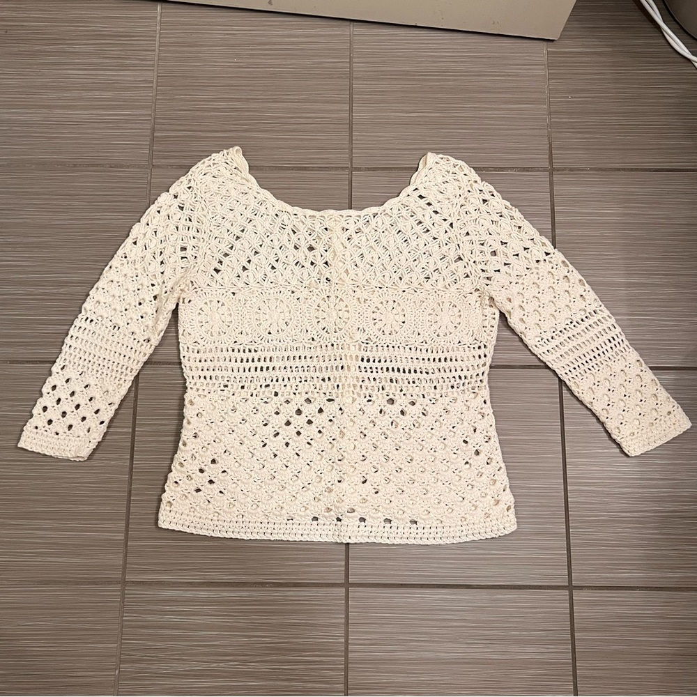 Lucky Brand Ivory Cream Crochet Top Sweater small knit - Picture 4 of 11